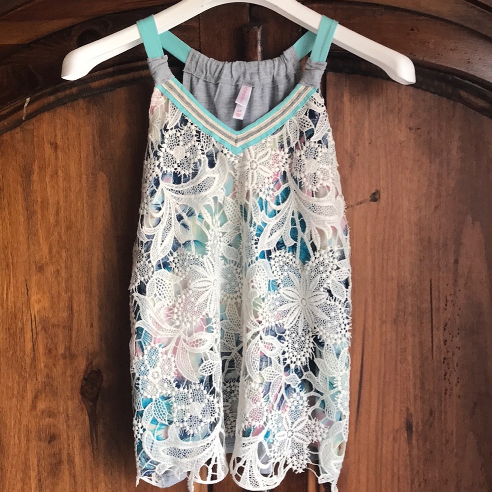 Ivory lace overlay on floral print top
